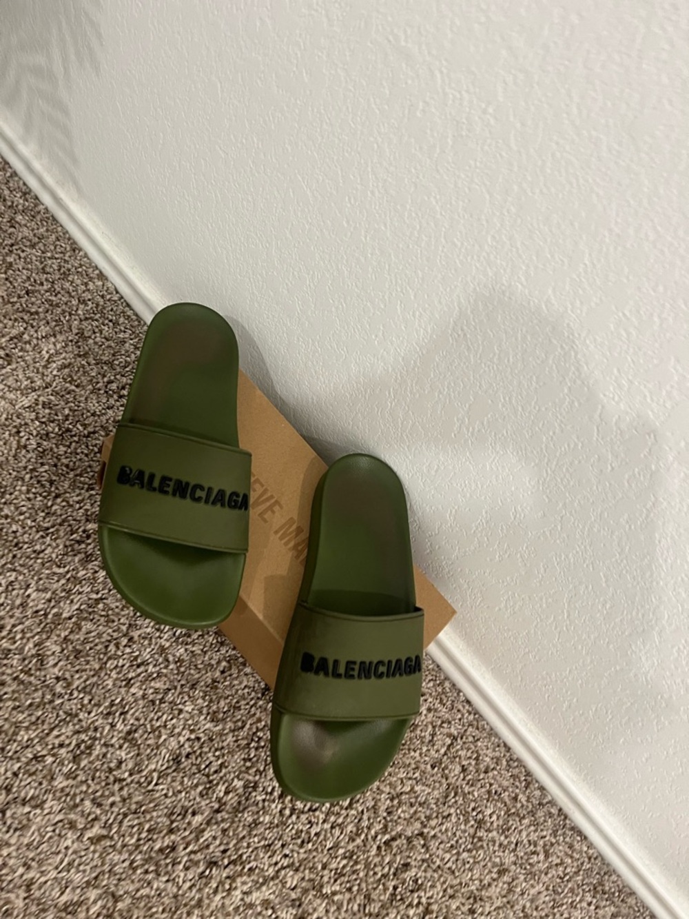 Balenciaga Olive Green Rubber Logo Slides with Black Lettering